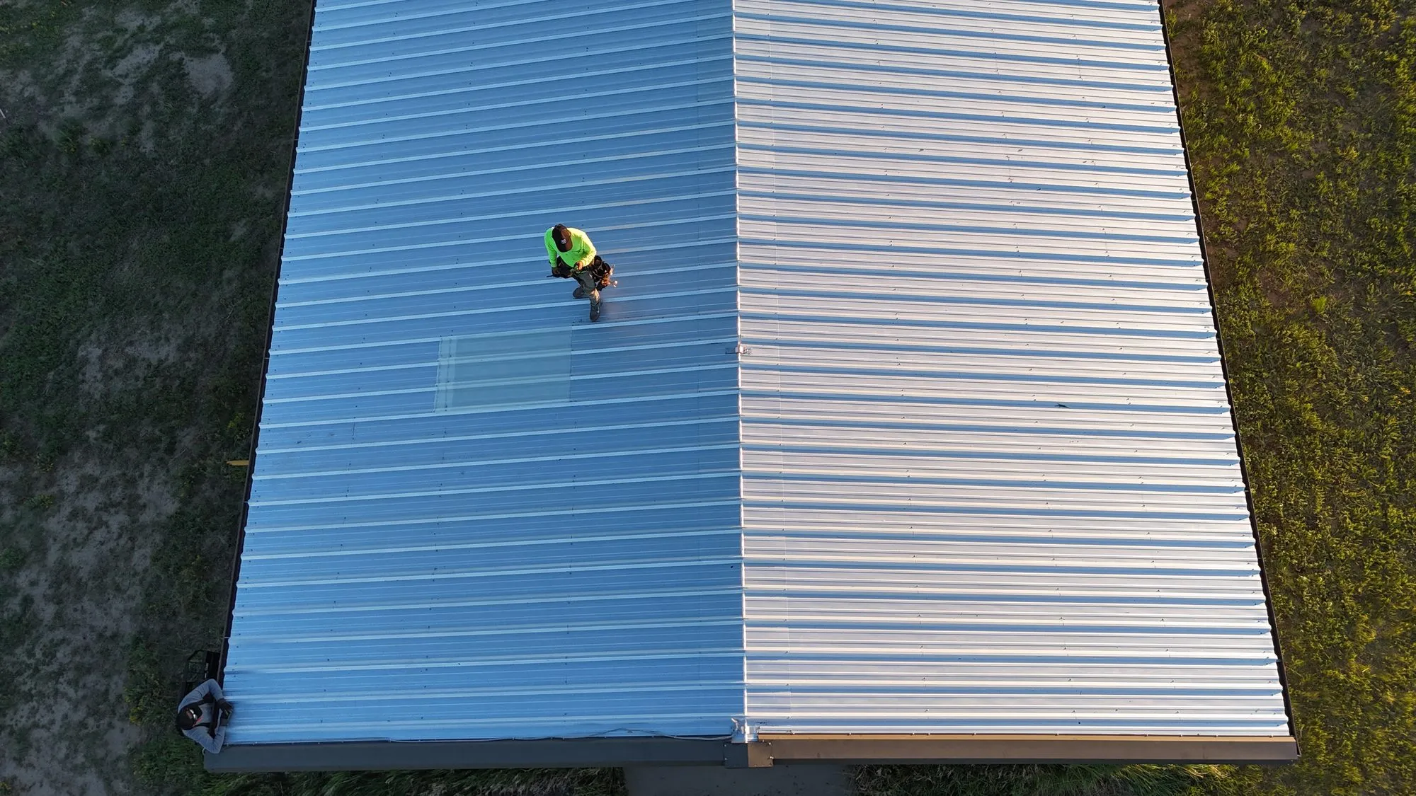 Aerial view of a metal roof installation, Colorado